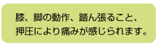 膝、足の動作、踏んばること、押圧により痛みが感じられます