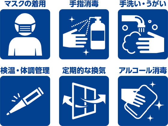 マスク着用・手先消毒・手洗い・うがい・検温・体調管理・定期的な換気・アルコール消毒